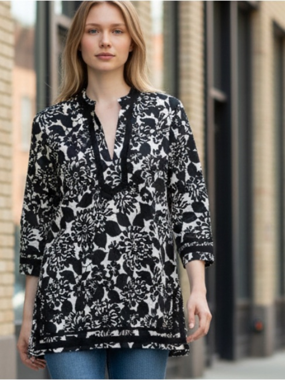 Brooks Brothers Black and White Floral Split-Neck Tunic